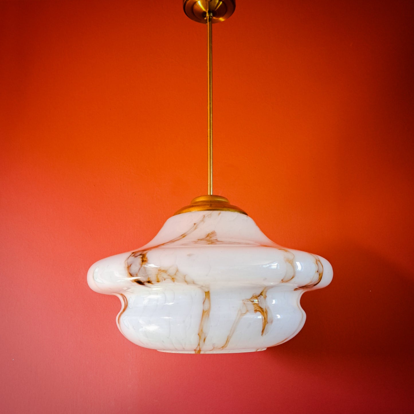 Large 1960s marble opaline glass pendant light with brass fittings