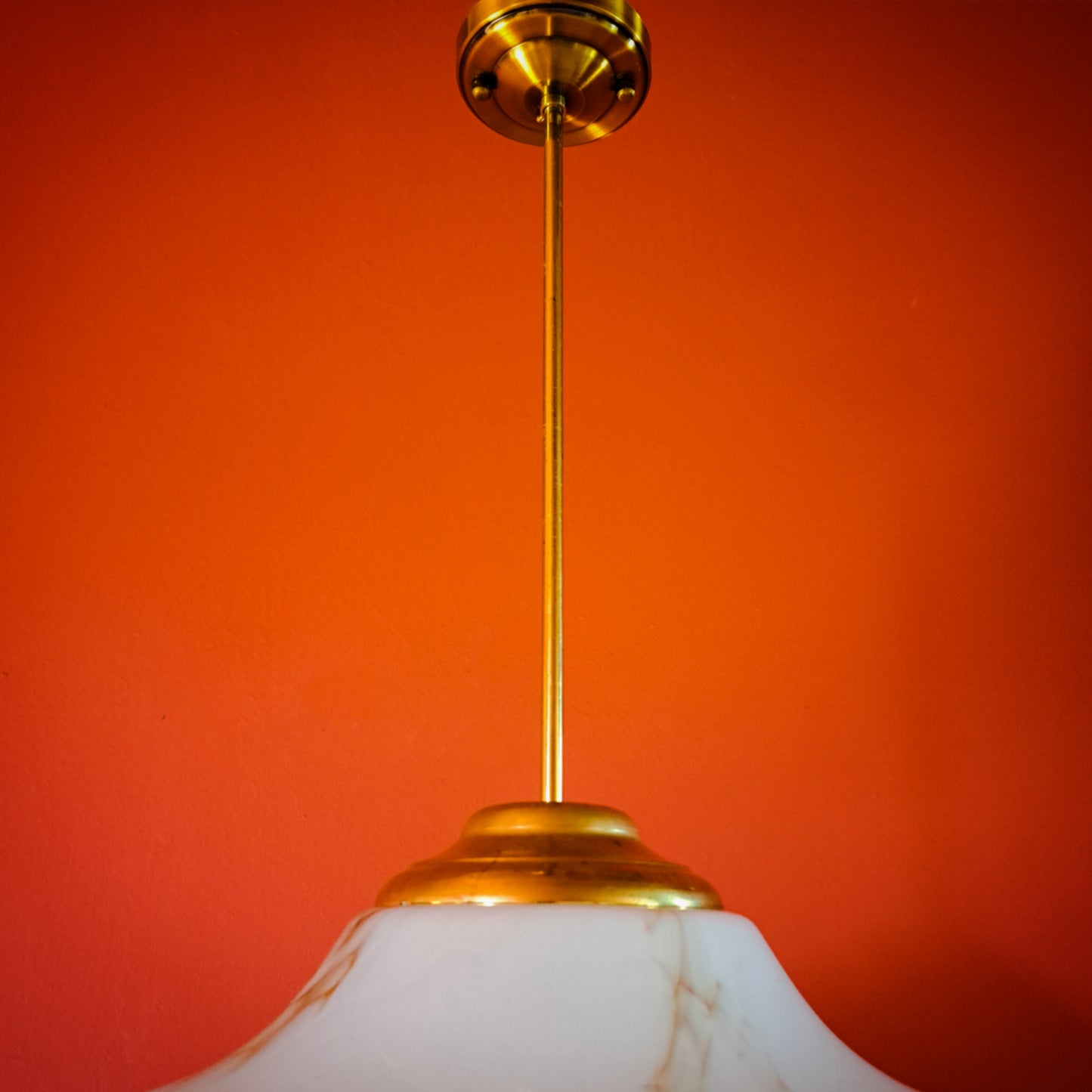 Large 1960s marble opaline glass pendant light with brass fittings