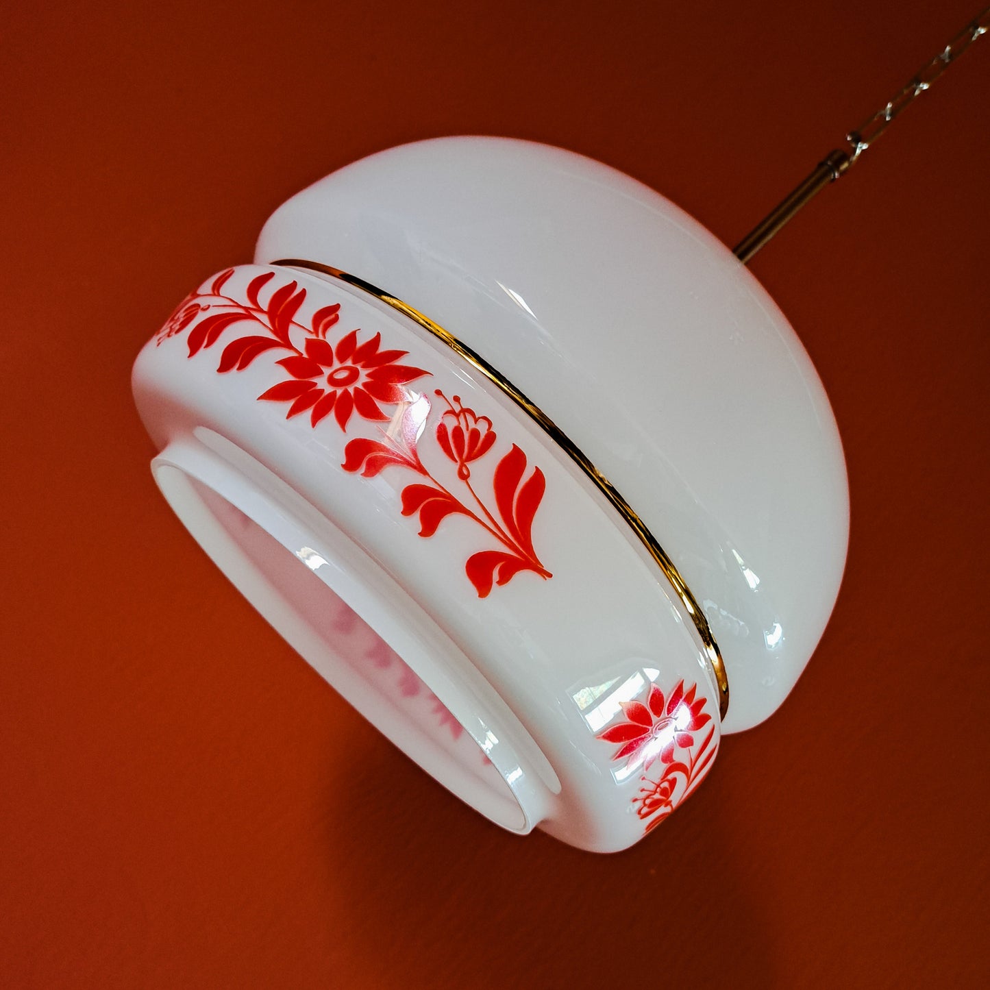 Vintage red and white floral opaline glass pendant light