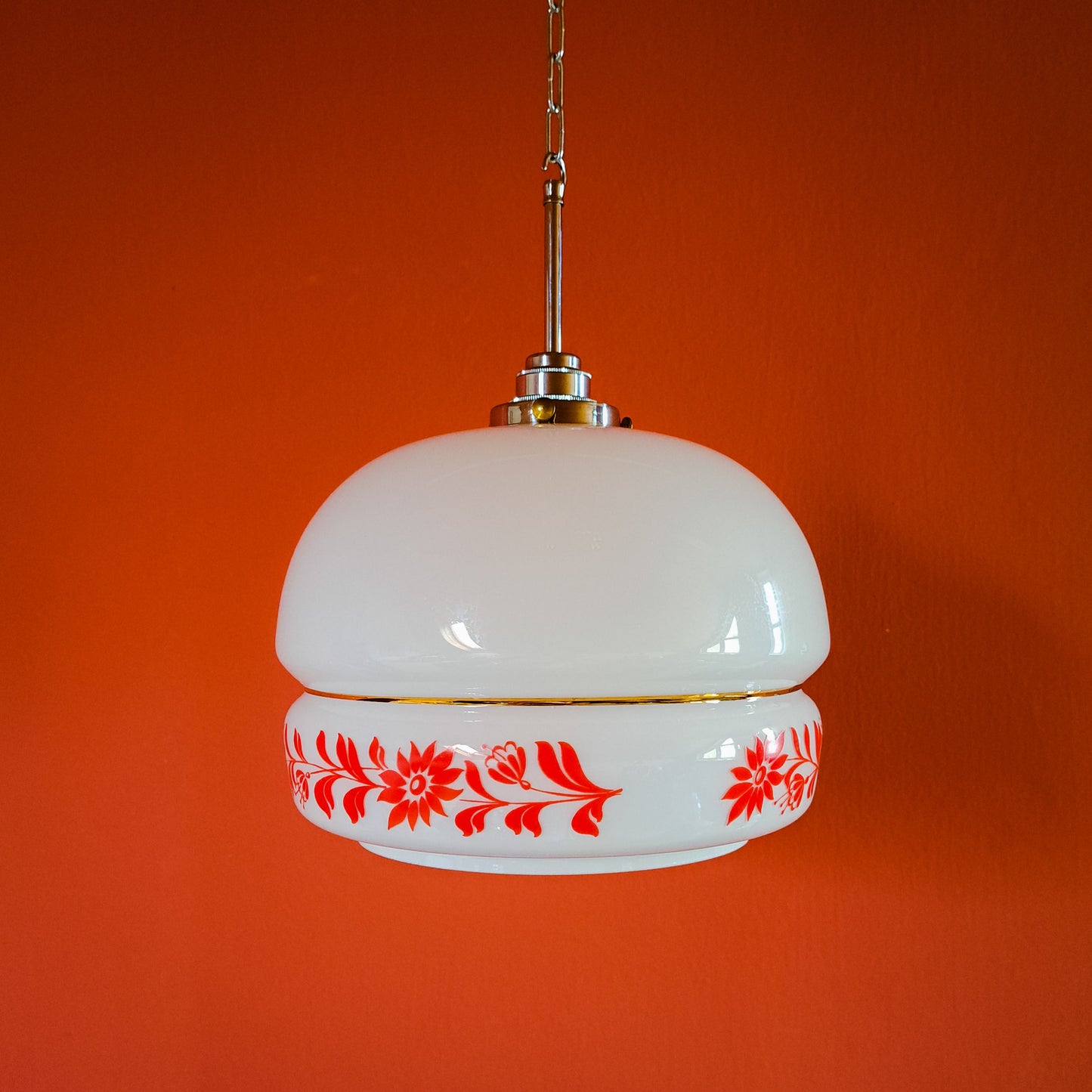 Vintage red and white floral opaline glass pendant light