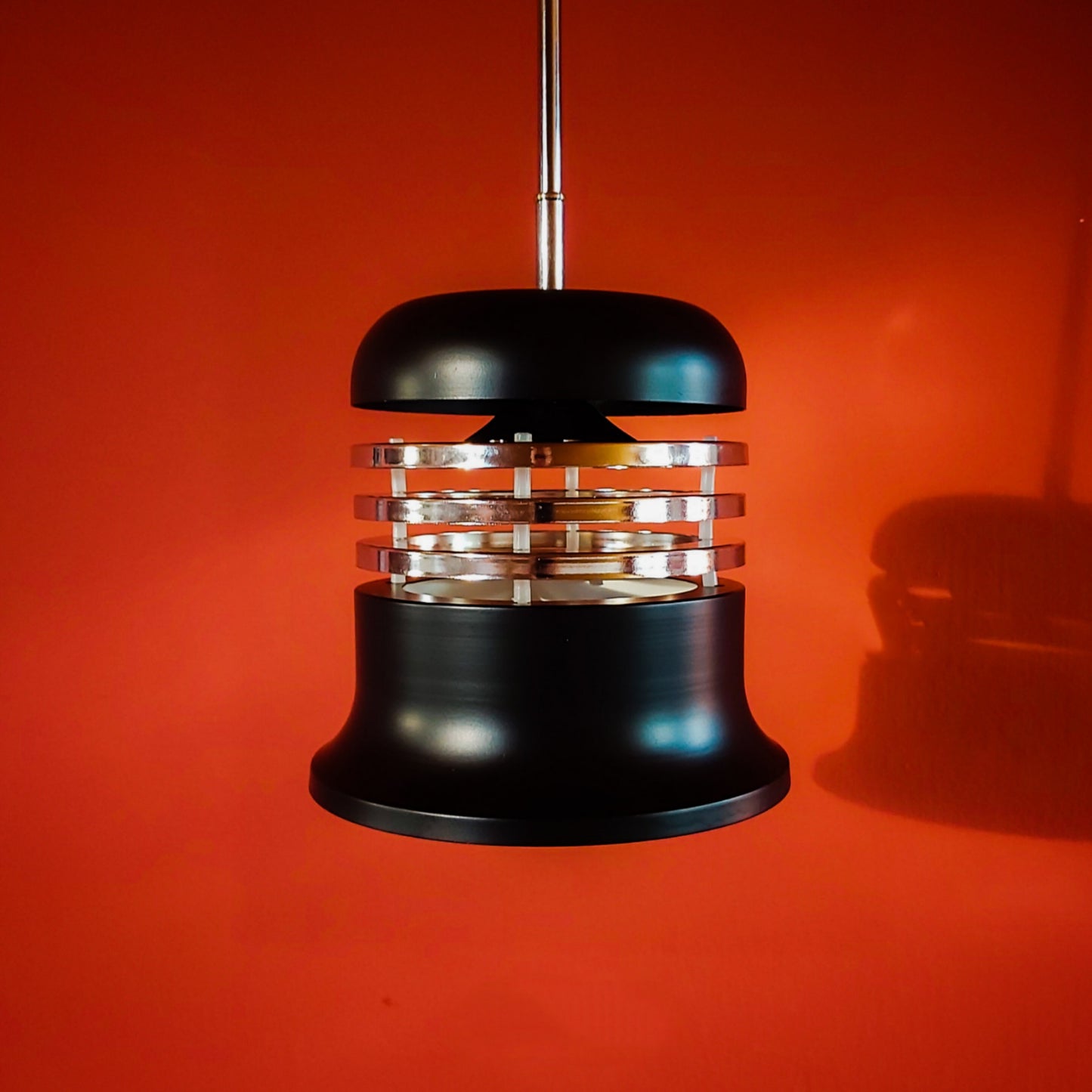 Space age 70s atomic chrome and black metal pendant light