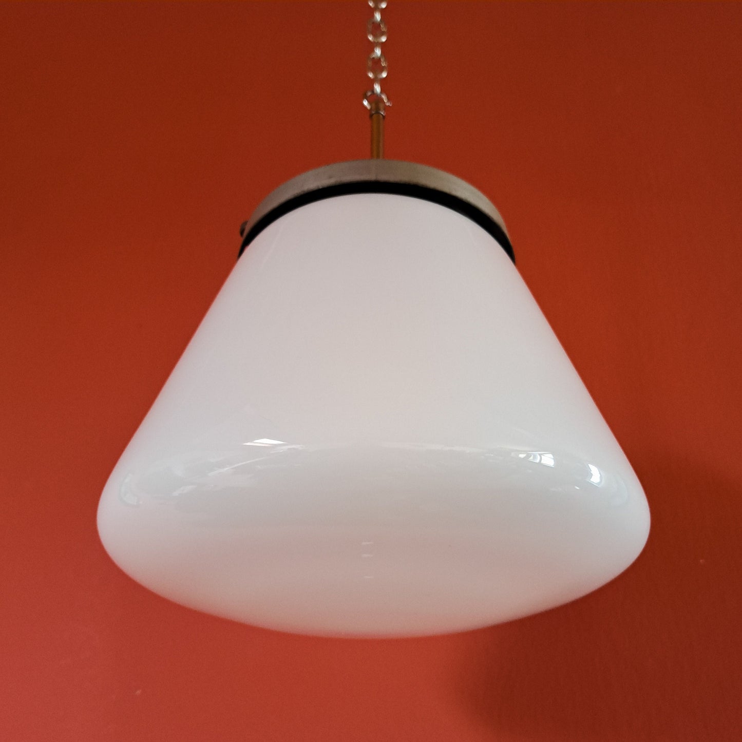 Industrial opaline milk glass and metal ceiling pendant light